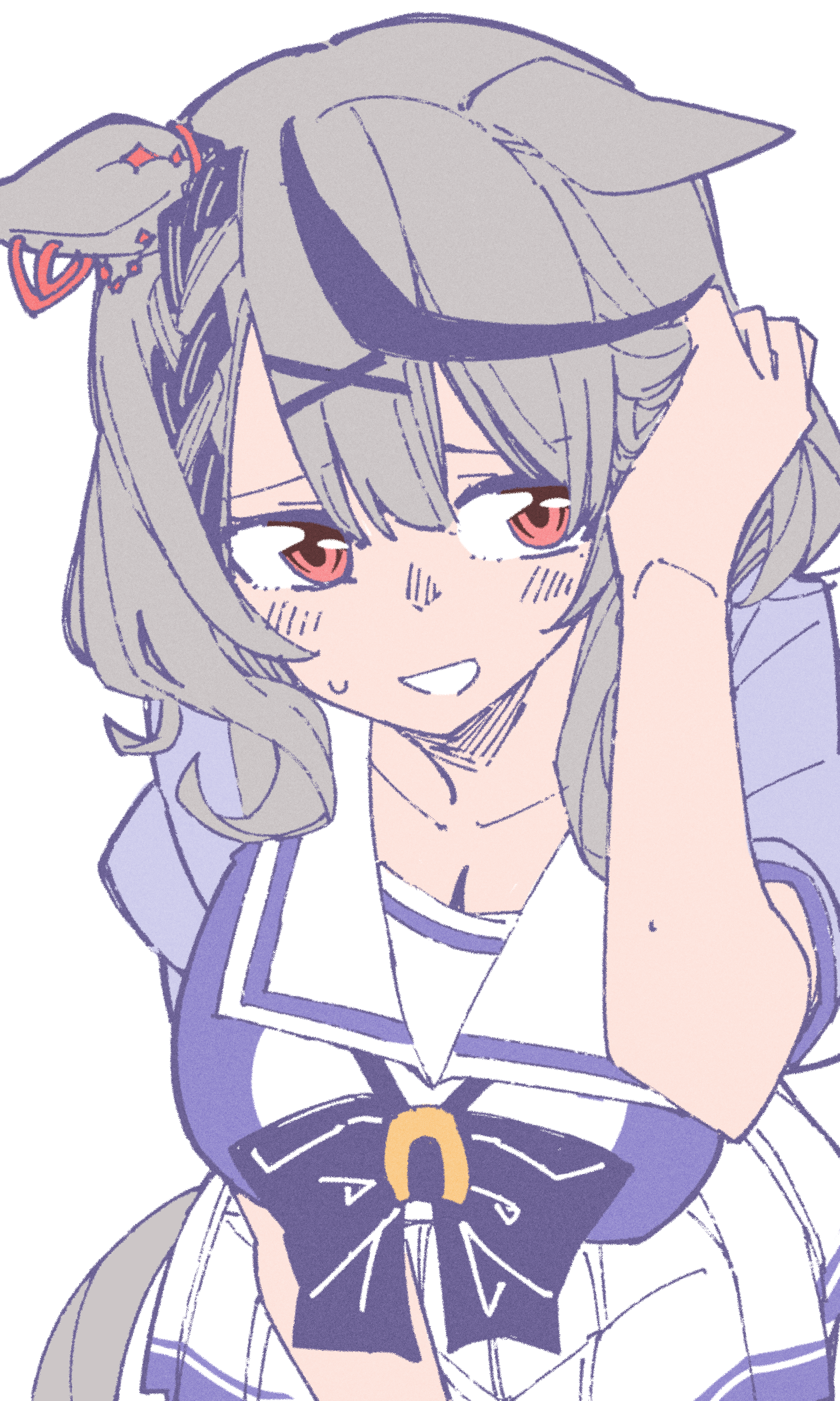 spynai (klimatic), sakamata chloe, hololive, hololive english, umamusume, absurdres, highres, animal ears, bow, bowtie, collarbone, grey hair, hair ornament, horse ears, horse girl, horse tail, multicolored hair, purple bow, purple bowtie, purple shirt, red eyes, sailor collar, sailor shirt, school uniform, shirt, streaked hair, tail, tracen academy, tracen school uniform, virtual youtuber, x hair ornament