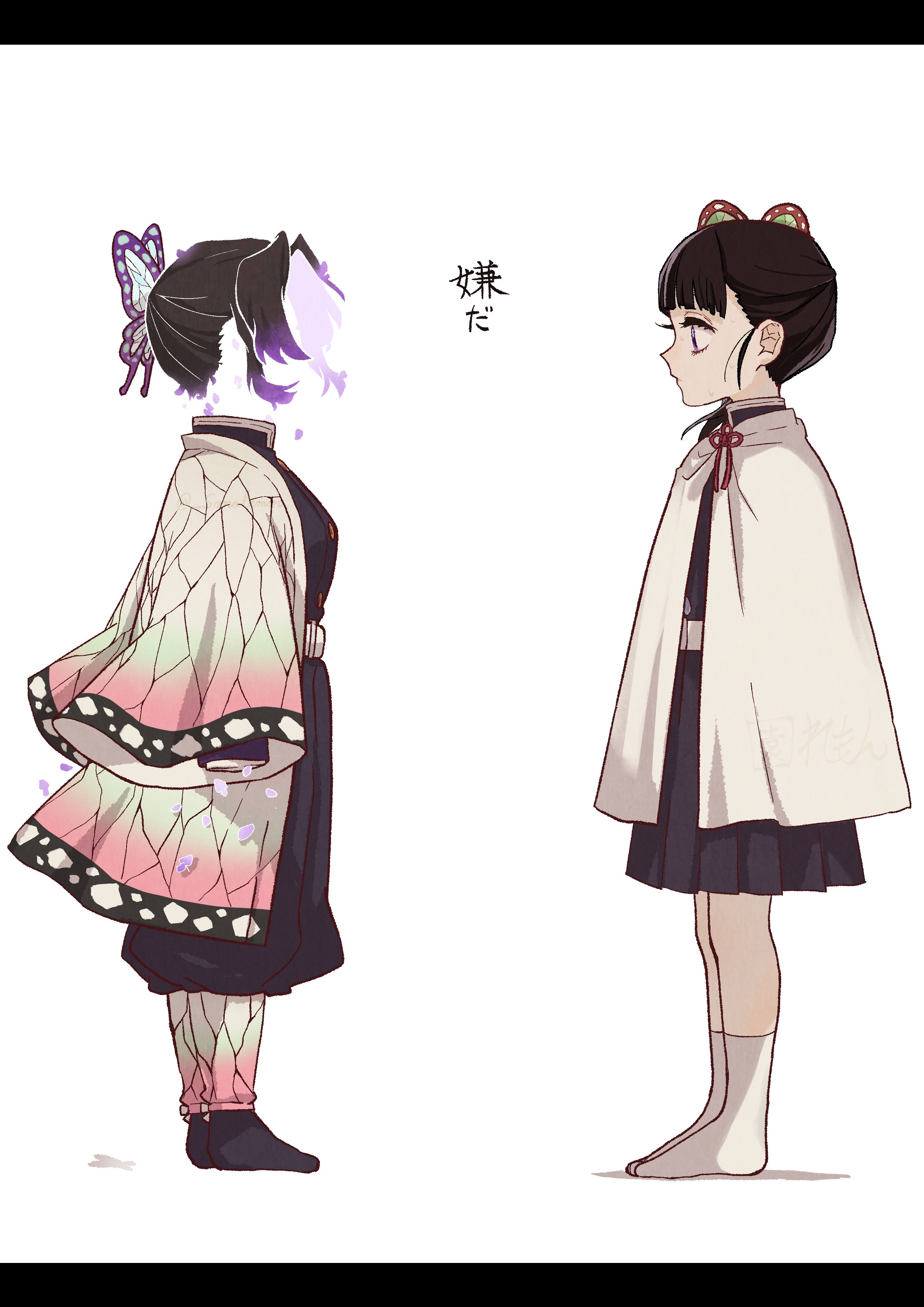 izu lemon, kochou shinobu, tsuyuri kanao, kimetsu no yaiba, absurdres, highres, translation request, 2girls, black hair, breasts, butterfly hair ornament, demon slayer uniform, facing another, from side, full body, hair ornament, haori, japanese clothes, long sleeves, looking at another, multicolored hair, multiple girls, purple hair, short hair, simple background, socks, standing, sweatdrop, white background