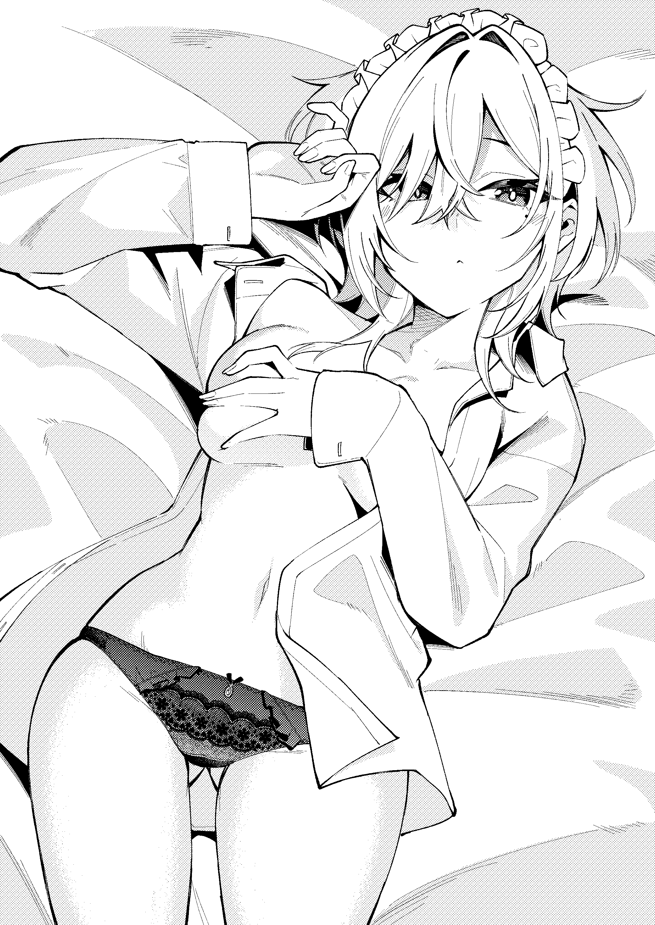 hitotose hirune, original, absurdres, commentary request, highres, 1girl, breasts, closed mouth, collared shirt, covering breasts, covering privates, cowboy shot, dress shirt, greyscale, lace, lace panties, long sleeves, lying, maid headdress, medium breasts, monochrome, navel, no bra, no pants, on back, open clothes, open shirt, panties, shirt, short hair, solo, underwear