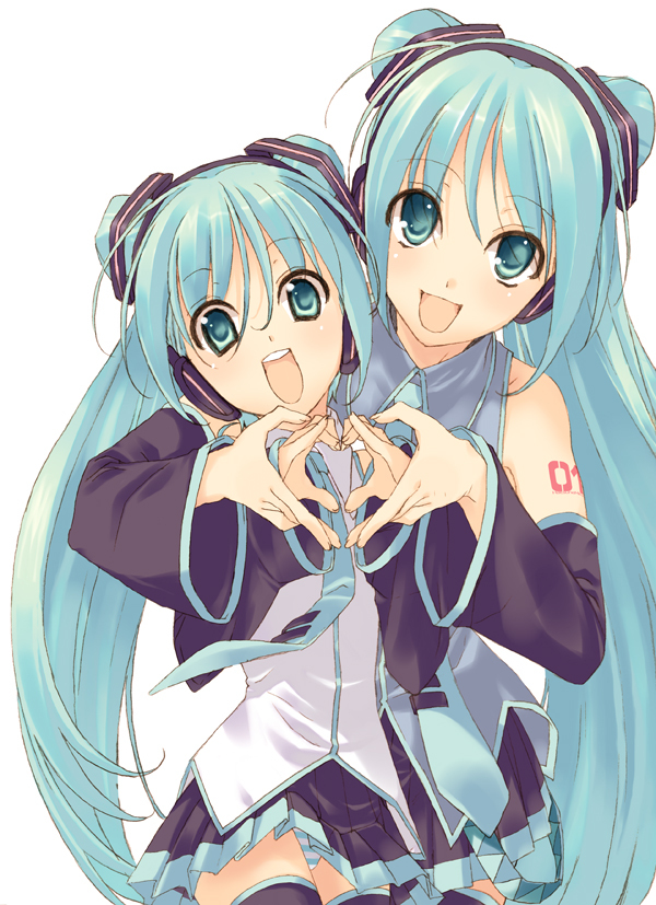 takei ooki, chibi miku, hatsune miku, vocaloid, bad id, bad piapro id, aqua eyes, aqua hair, detached sleeves, headset, heart, heart hands, long hair, necktie, panties, pantyshot, skirt, striped clothes, striped panties, thighhighs, twintails, underwear