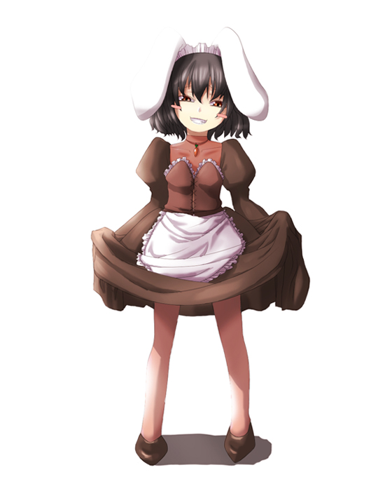 ikkei dou, inaba tewi, touhou, bad id, bad pixiv id, 1girl, animal ears, black hair, female focus, full body, maid, rabbit ears, short hair, simple background, solo