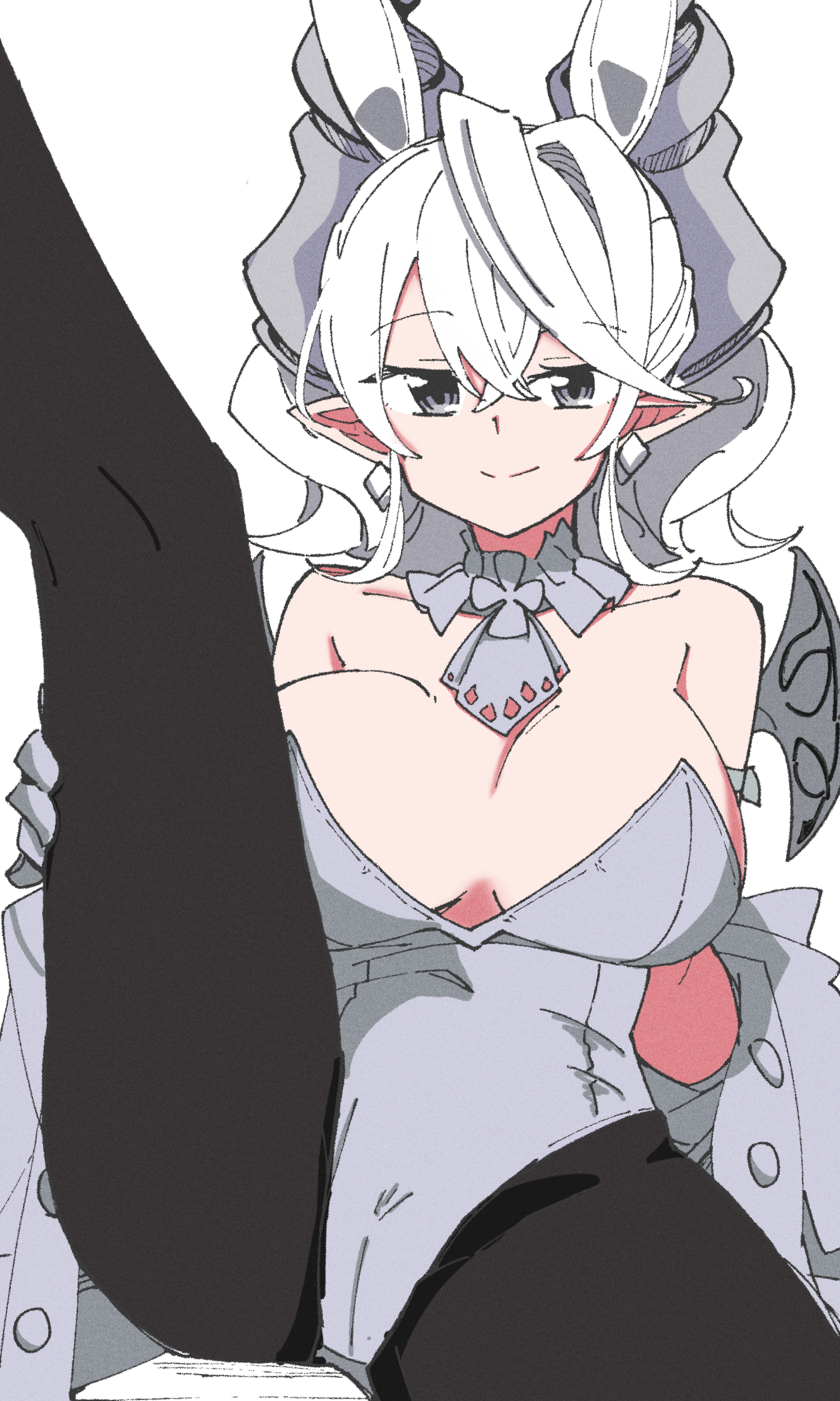 spynai (klimatic), lovely labrynth of the silver castle, yu-gi-oh!, absurdres, highres, animal ears, ascot, black pantyhose, breasts, collarbone, duel monster, horns, large breasts, leg up, multiple horns, pantyhose, playboy bunny, pointy ears, white background, white hair