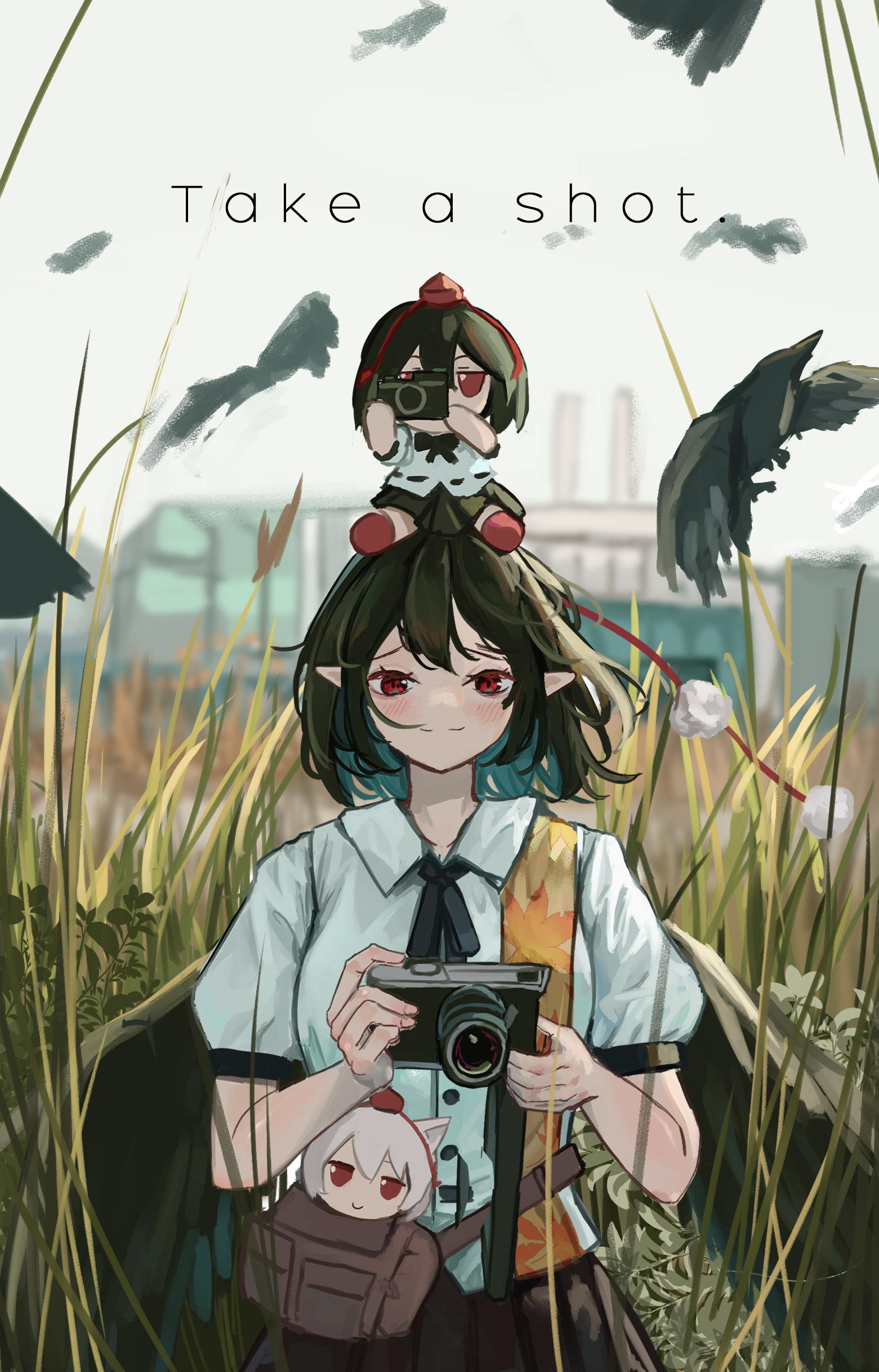 vanilla flan, inubashiri momiji, shameimaru aya, touhou, absurdres, commentary, highres, 1girl, bird, black hair, black ribbon, black skirt, black wings, camera, character doll, crow, doll, doll on head, english text, feathered wings, fumo (doll), hat, holding, holding camera, leaf print, light smile, looking at viewer, neck ribbon, outdoors, pleated skirt, pointy ears, pom pom (clothes), puffy short sleeves, puffy sleeves, red eyes, reeds, ribbon, shirt, short hair, short sleeves, skirt, tokin hat, white shirt, wings