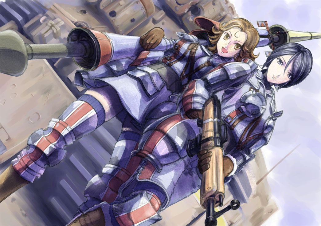 moris, morisu, audrey heitinga, lynn (senjou no valkyria), senjou no valkyria, senjou no valkyria (series), senjou no valkyria 1, vehicle, 00s, 2girls, armor, black hair, blue eyes, blue hair, breastplate, brown eyes, brown hair, caterpillar tracks, darcsen, dutch angle, gun, military, military uniform, military vehicle, motor vehicle, multiple girls, polearm, rifle, short hair, skirt, tank, thighhighs, weapon, zettai ryouiki