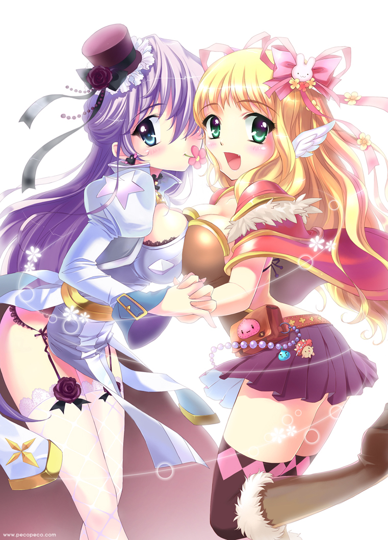 pecorin, arch bishop (ragnarok online), creator (ragnarok online), ragnarok online, bad id, bad pixiv id, 2girls, blonde hair, blue eyes, blush, breast press, breasts, flower, garter belt, green eyes, hair ribbon, half updo, hat, holding hands, mini hat, mini top hat, mouth hold, multiple girls, purple hair, ribbon, side slit, skirt, small breasts, star (symbol), symmetrical docking, thighhighs, top hat