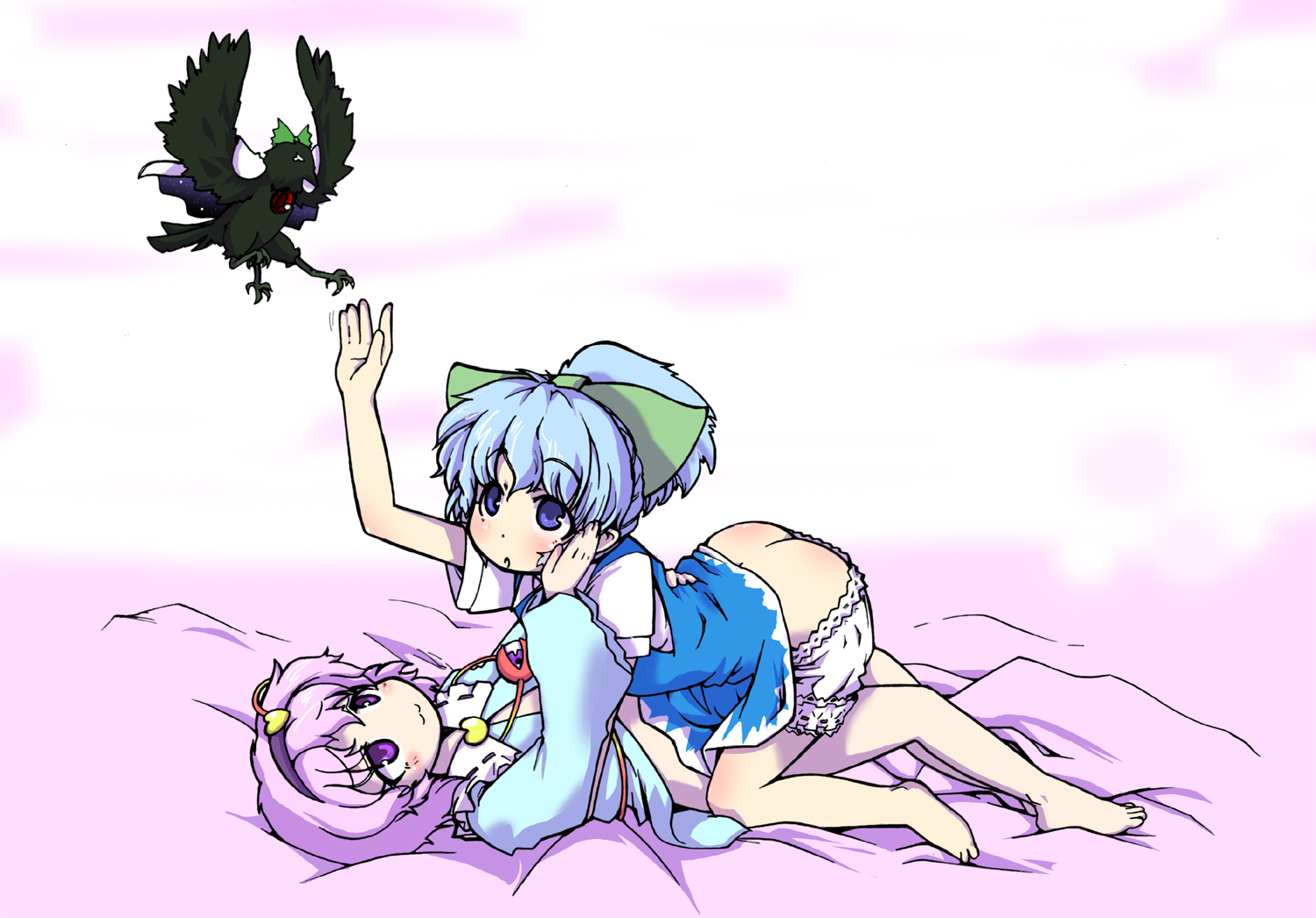 eruichi (redphantom), red phantom, cirno, komeiji satori, reiuji utsuho, reiuji utsuho (bird), touhou, 2girls, :3, arched back, ass, barefoot, bird, bloomers, bloomers pull, blue eyes, blue hair, bottomless, bow, butt crack, cape, cheating (relationship), clothes lift, crow, feet, hairband, heart, multiple girls, netorare, no panties, panties, panty pull, purple eyes, purple hair, short hair, skirt, skirt lift, underwear, yuri
