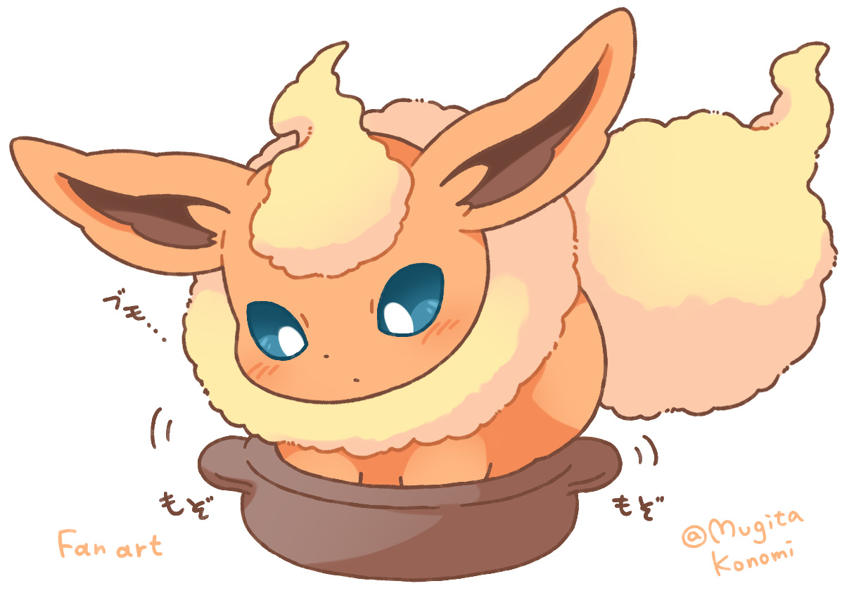 mugita konomi, flareon, nintendo, pokemon, animal focus, blue eyes, cooking pot, full body, gen 1 pokemon, in pot, neck fur, no humans, orange fur, pokemon (creature), pokemon focus, simple background, solo, tail, yellow fur