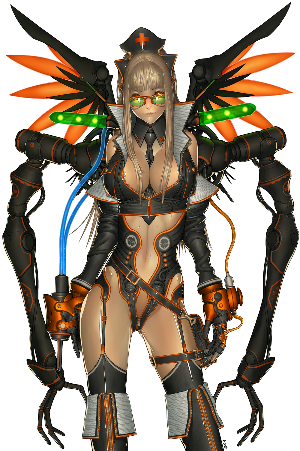 alien1452, highres, 1girl, between breasts, breasts, brown hair, contrapposto, extra arms, female focus, large breasts, necktie, solo, standing, sunglasses, syringe, white background, wings, zipper