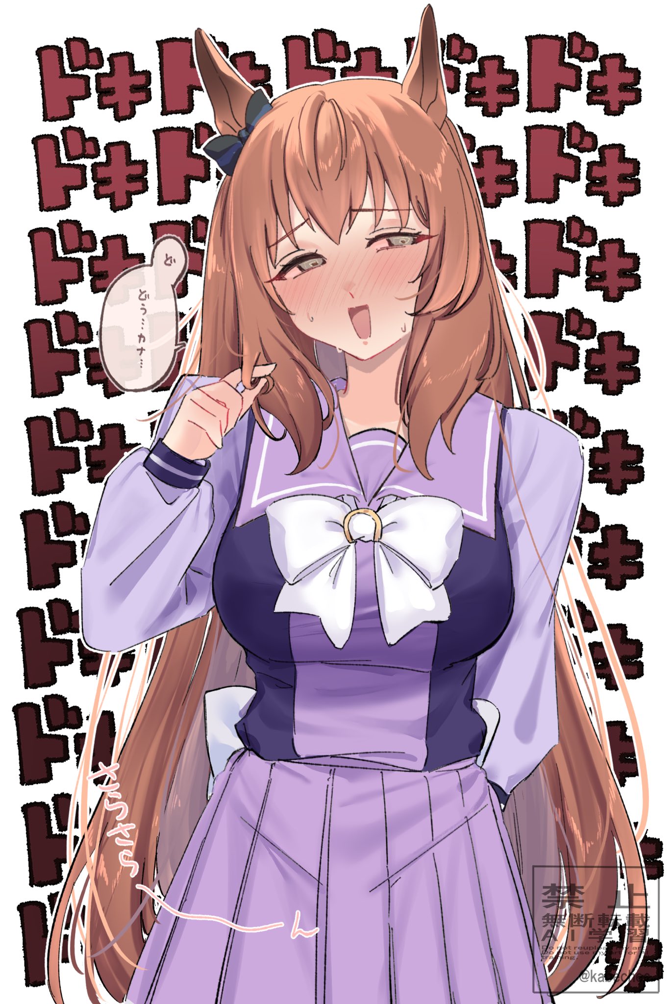 chikabe, maruzensky (umamusume), umamusume, highres, 1girl, animal ears, blue eyes, blush, bow, bowtie, breasts, brown hair, ear bow, green eyes, hair between eyes, horse ears, horse girl, horse tail, long hair, long sleeves, looking at viewer, medium breasts, open mouth, pleated skirt, purple sailor collar, purple serafuku, purple shirt, purple skirt, sailor collar, sailor shirt, school uniform, serafuku, shirt, skirt, smile, solo, speech bubble, sweat, tail, tracen school uniform, white bow, white bowtie