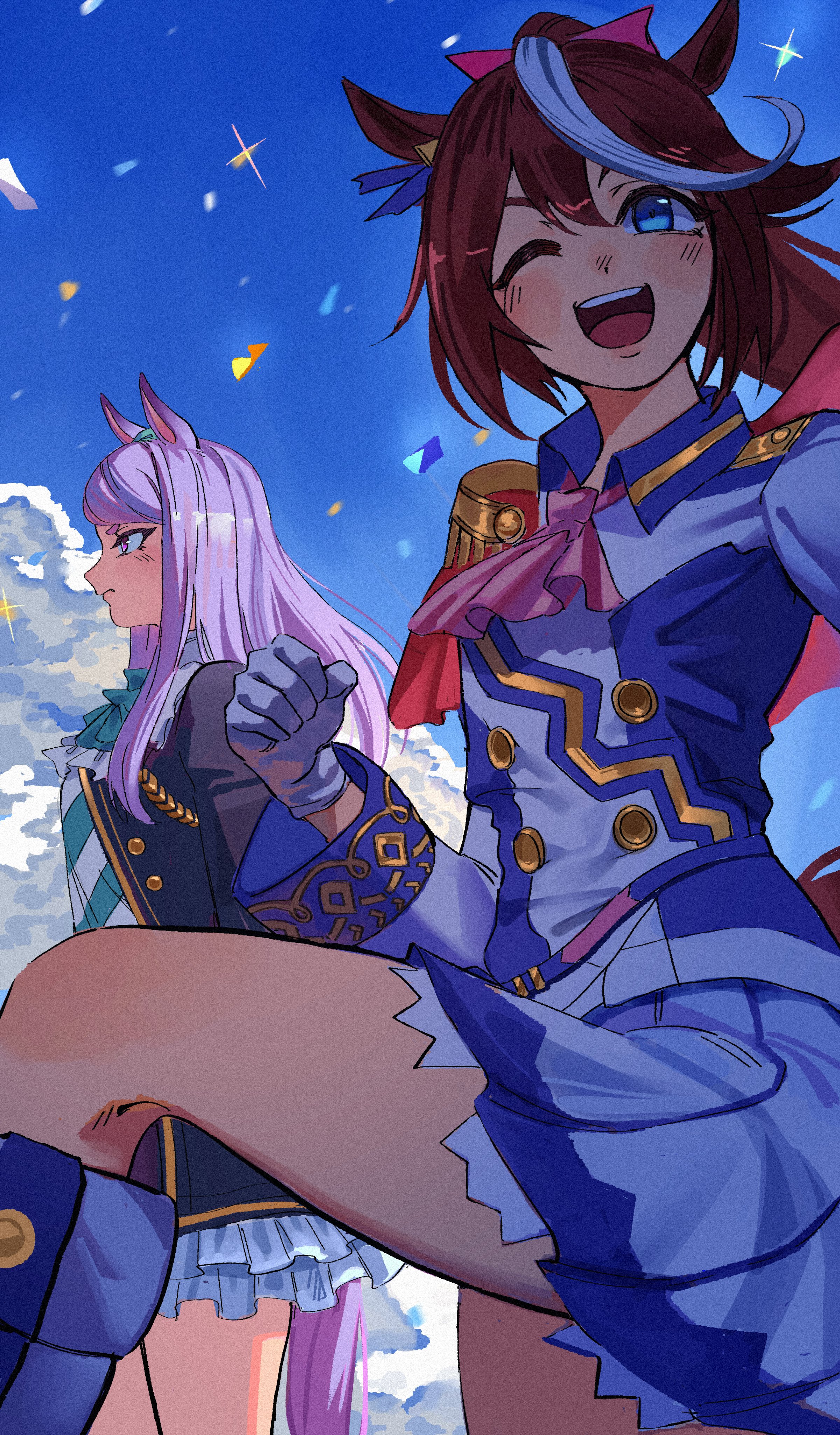 blixadon, mejiro mcqueen (frontline elegance) (umamusume), mejiro mcqueen (umamusume), tokai teio (peak joy) (umamusume), tokai teio (umamusume), umamusume, absurdres, highres, 2girls, animal ears, aqua bow, aqua bowtie, aqua ribbon, ascot, black jacket, black skirt, blue eyes, blue sky, blush, bow, bowtie, breasts, brown hair, buttons, cape, cloud, coat, confetti, double-breasted, ear bow, ear ribbon, epaulettes, frilled coat, frilled jacket, frills, gloves, green bow, green bowtie, hair between eyes, high ponytail, horse ears, horse girl, horse tail, jacket, long hair, long sleeves, multicolored hair, multicolored jacket, multiple girls, one eye closed, open mouth, pink ascot, pleated skirt, ponytail, purple eyes, purple hair, red cape, ribbon, shirt, single epaulette, skirt, sky, smile, sparkle, streaked hair, tail, two-tone hair, two-tone jacket, two-tone skirt, white gloves, white hair, white jacket, white skirt