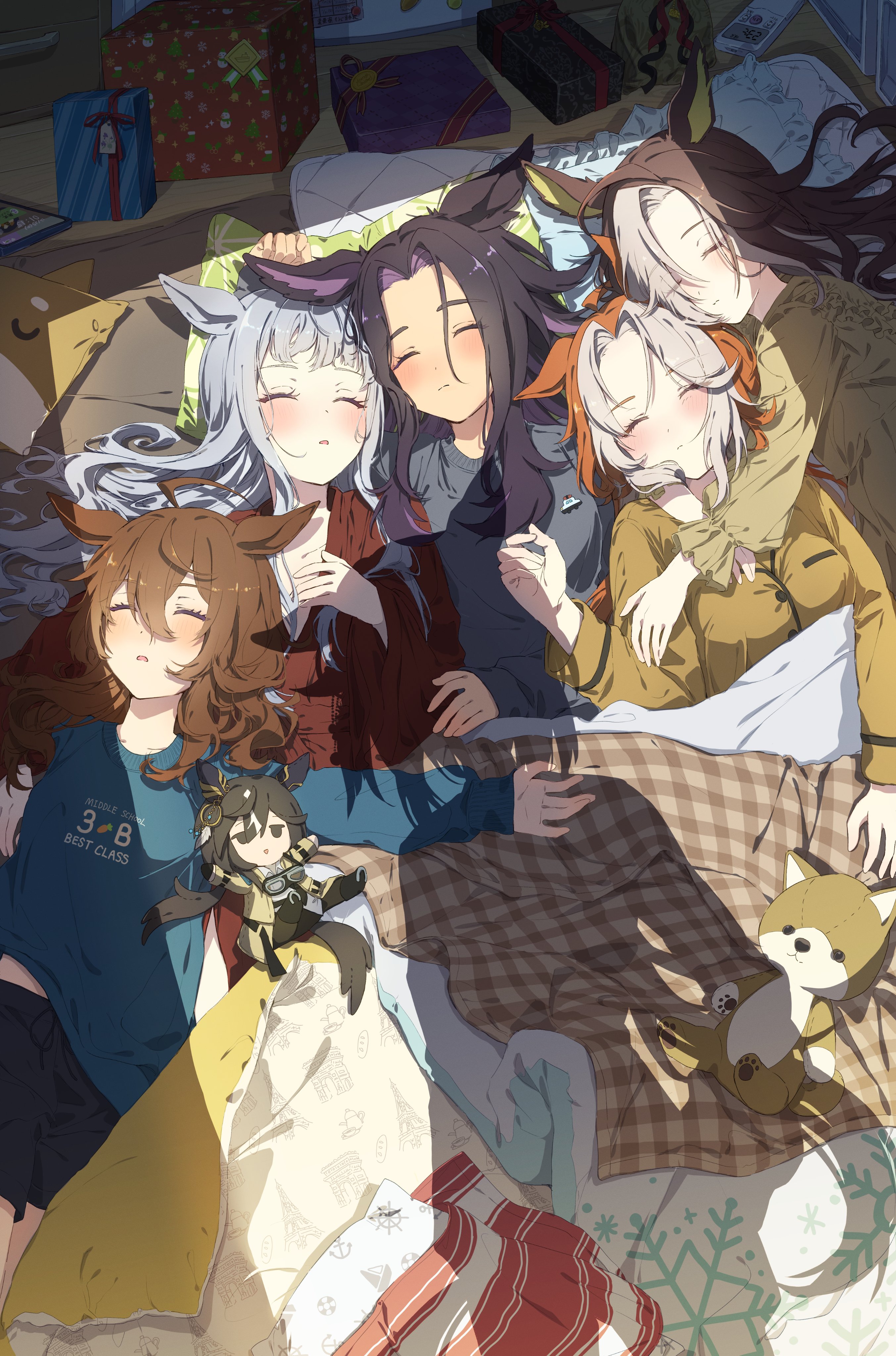komeko97, dream journey (umamusume), fenomeno (umamusume), gold ship (umamusume), nakayama festa (umamusume), orfevre (umamusume), stay gold (umamusume), umamusume, absurdres, highres, 6+girls, ahoge, animal ears, black hair, black shorts, blue shirt, blunt bangs, blush, box, breasts, brown hair, character doll, closed eyes, closed mouth, doll, flipped hair, gift, gift box, grey hair, grey shirt, hair between eyes, horse ears, horse girl, horse tail, long hair, long sleeves, multicolored hair, multiple girls, orange hair, pajamas, parted lips, purple hair, red shirt, shadow, shirt, shorts, sleeping, stay gold clan (umamusume), tail, two-tone hair, under covers, white hair, yellow shirt