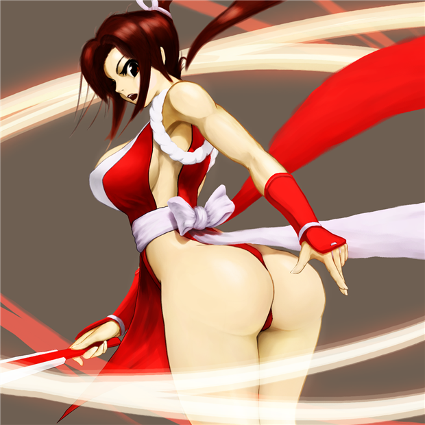 bizon (p regions), pp-19 bizon (pixiv), shiranui mai, fatal fury, snk, the king of fighters, 1girl, ass, breasts, brown hair, female focus, japanese clothes, looking back, panties, pelvic curtain, revealing clothes, sideboob, small breasts, solo, thong, underwear