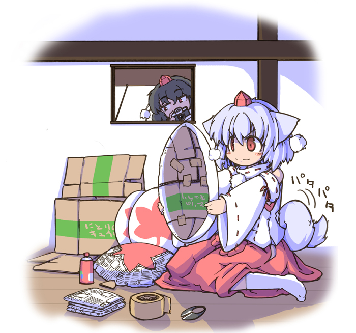 eruichi (redphantom), red phantom, inubashiri momiji, shameimaru aya, touhou, 2girls, animal ears, black hair, box, camera, cardboard box, detached sleeves, female focus, hat, multiple girls, paper mache, papercraft, red eyes, shield, short hair, spray paint, tail, tail wagging, tokin hat, white hair, wolf ears, wolf tail