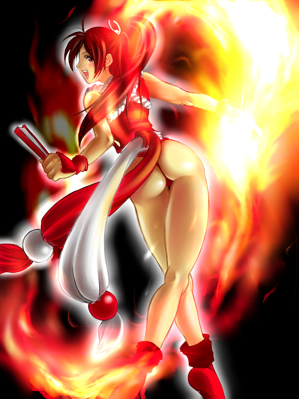 pleasure-treasure, shiranui mai, fatal fury, snk, the king of fighters, 1girl, ass, brown hair, female focus, fire, folded fan, folding fan, hand fan, japanese clothes, long hair, looking back, ponytail, pyrokinesis, rope, solo, wedgie