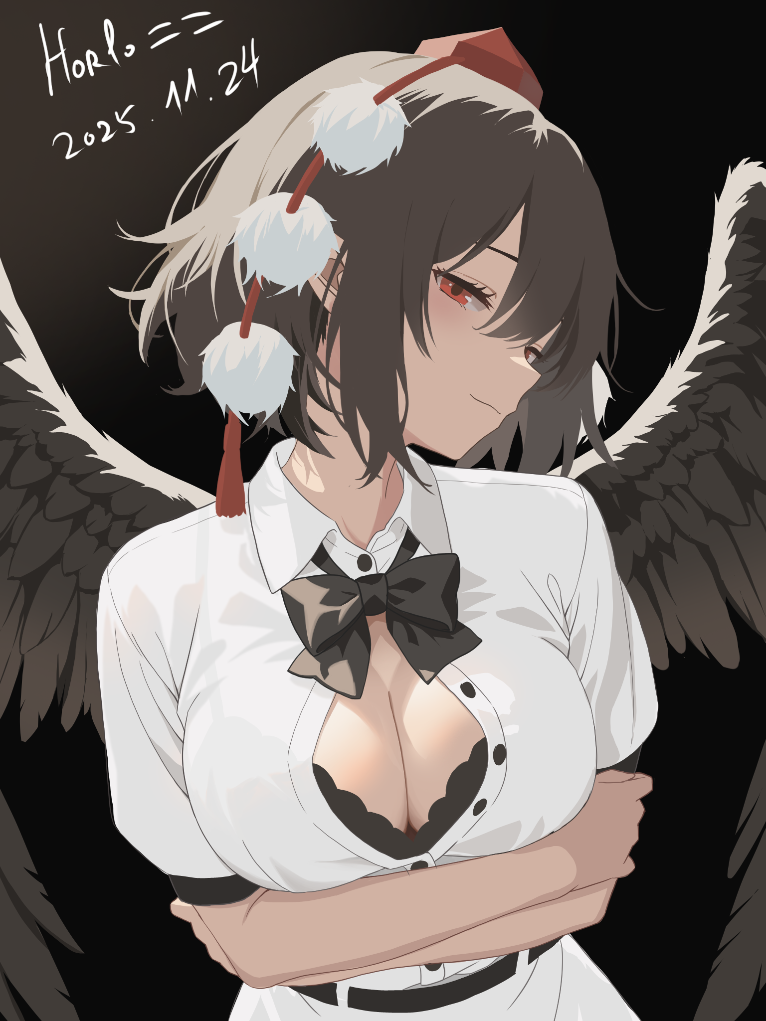 shameimaru aya, touhou, commentary, highres, 1girl, arms under breasts, artist name, bare arms, black bow, black bowtie, black bra, black hair, black wings, bow, bowtie, bra, breasts, crossed arms, dated, feathered wings, hair between eyes, hat, horlo nini, light smile, looking at viewer, medium breasts, partially unbuttoned, pom pom (clothes), red eyes, shirt, short hair, solo, tokin hat, underwear, white shirt, wings