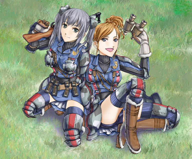 moris, edy nelson, ramona linton, senjou no valkyria, senjou no valkyria (series), senjou no valkyria 1, 00s, 2girls, armor, binoculars, breastplate, breasts, faulds, gloves, grass, grey eyes, grey hair, gun, military, military uniform, multiple girls, orange hair, red hair, ribbed sweater, ribbon, side ponytail, submachine gun, sweater, thighhighs, twintails, weapon, zettai ryouiki