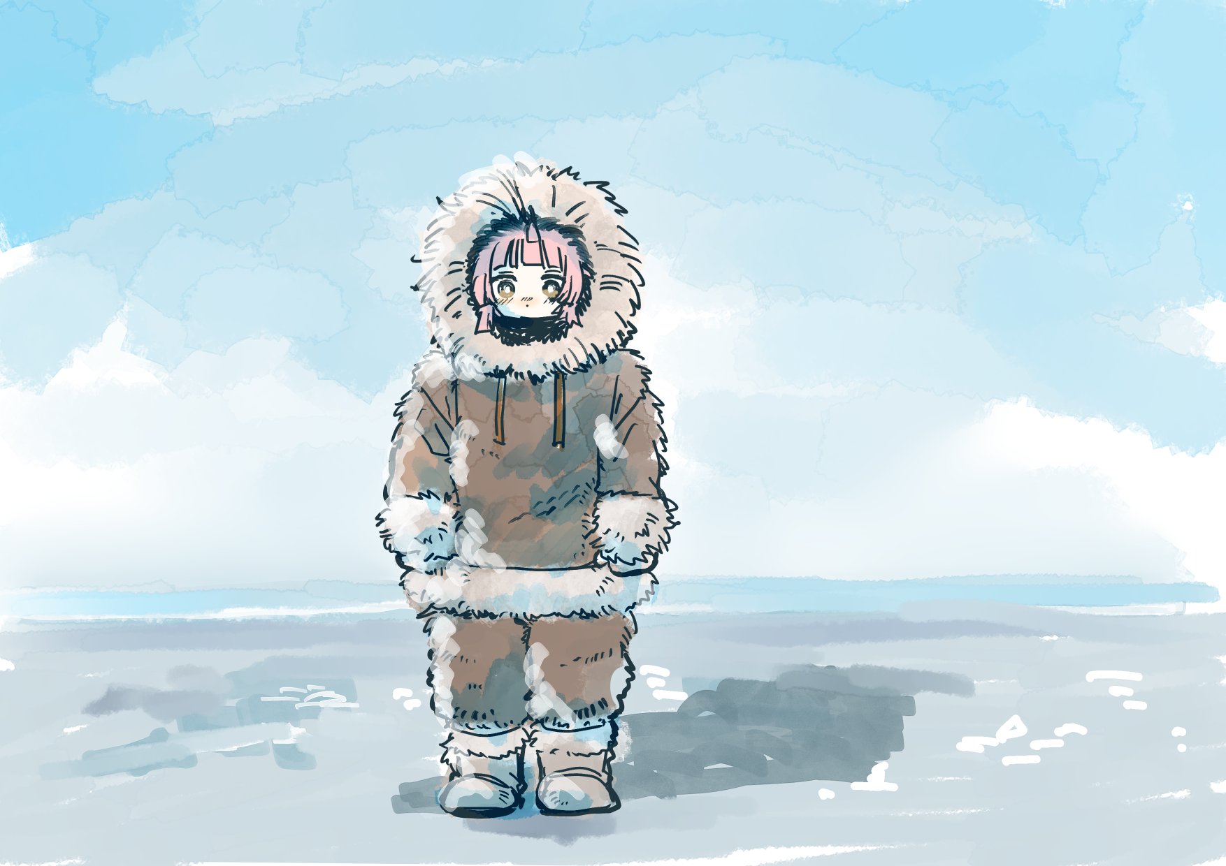 solllolll, tennoji rina, love live!, love live! nijigasaki high school idol club, commentary request, highres, 1girl, blue sky, blunt bangs, blush, boots, brown eyes, brown hoodie, brown pants, day, full body, fur-trimmed boots, fur-trimmed hood, fur-trimmed hoodie, fur-trimmed pants, fur hoodie, fur pants, fur trim, grey boots, hood, hoodie, looking at viewer, outdoors, pants, pink hair, sketch background, sky, solo, standing