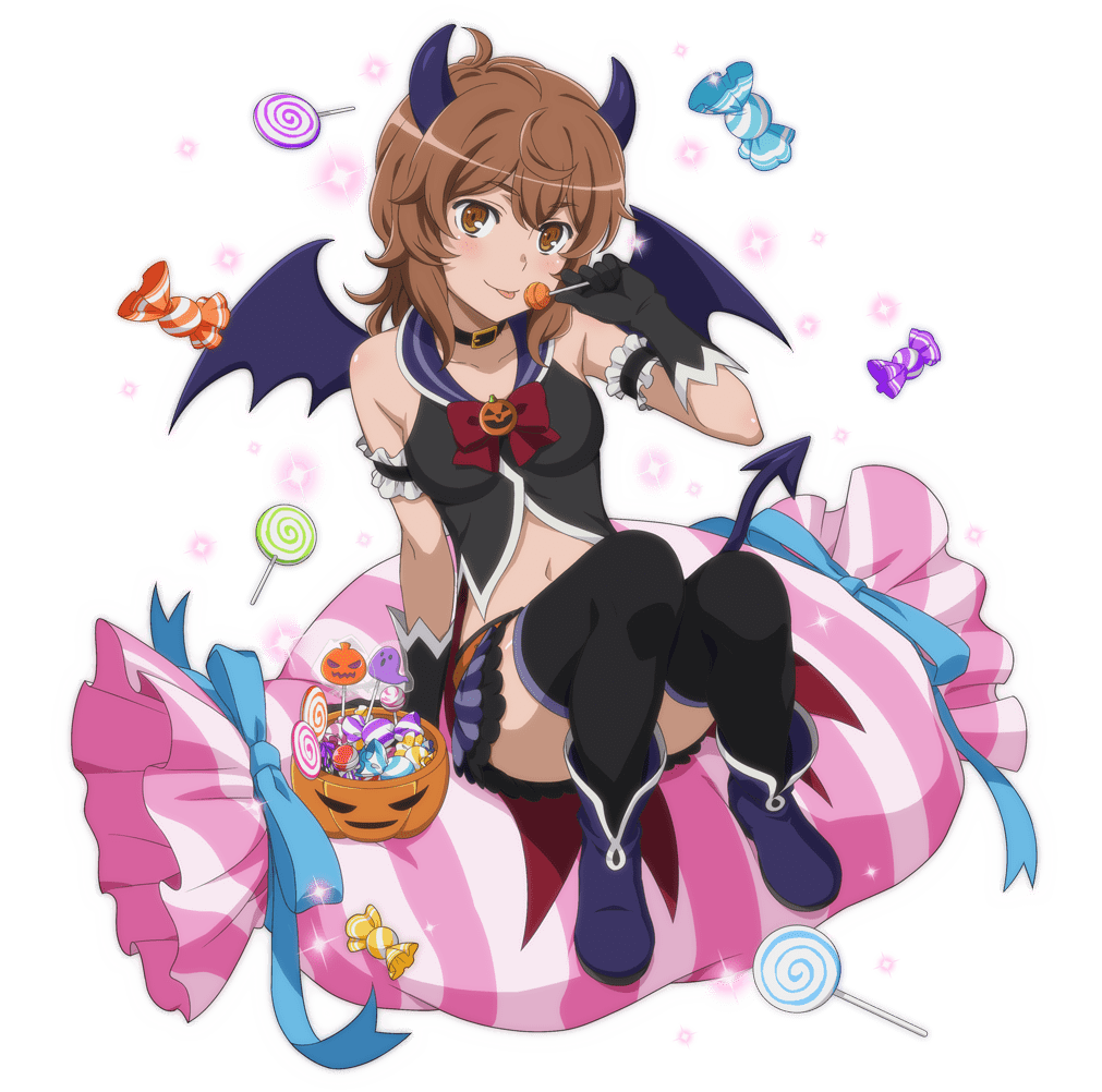 liliruca arde, danmachi memoria freese, dungeon ni deai wo motomeru no wa machigatteiru darou ka, game cg, official art, third-party source, 1girl, anime coloring, arm garter, bare shoulders, belt collar, black collar, black gloves, black skirt, black thighhighs, boots, bow, bowtie, brown eyes, brown hair, candy, candy wrapper, collar, demon costume, demon tail, demon wings, fake horns, fake tail, fake wings, food, gloves, halloween, halloween bucket, halloween costume, hand up, holding, holding candy, holding food, holding lollipop, horns, knees up, lollipop, looking at viewer, medium hair, midriff, navel, purple boots, purple horns, purple wings, red bow, red bowtie, sitting, skirt, sleeveless, smile, solo, swirl lollipop, tail, thighhighs, tongue, tongue out, wings, wrapped candy