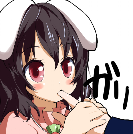bizen, inaba tewi, touhou, finger in mouth, bad id, bad pixiv id, lowres, 1girl, animal ears, black hair, female focus, finger sucking, pink eyes, rabbit ears, short hair, solo focus