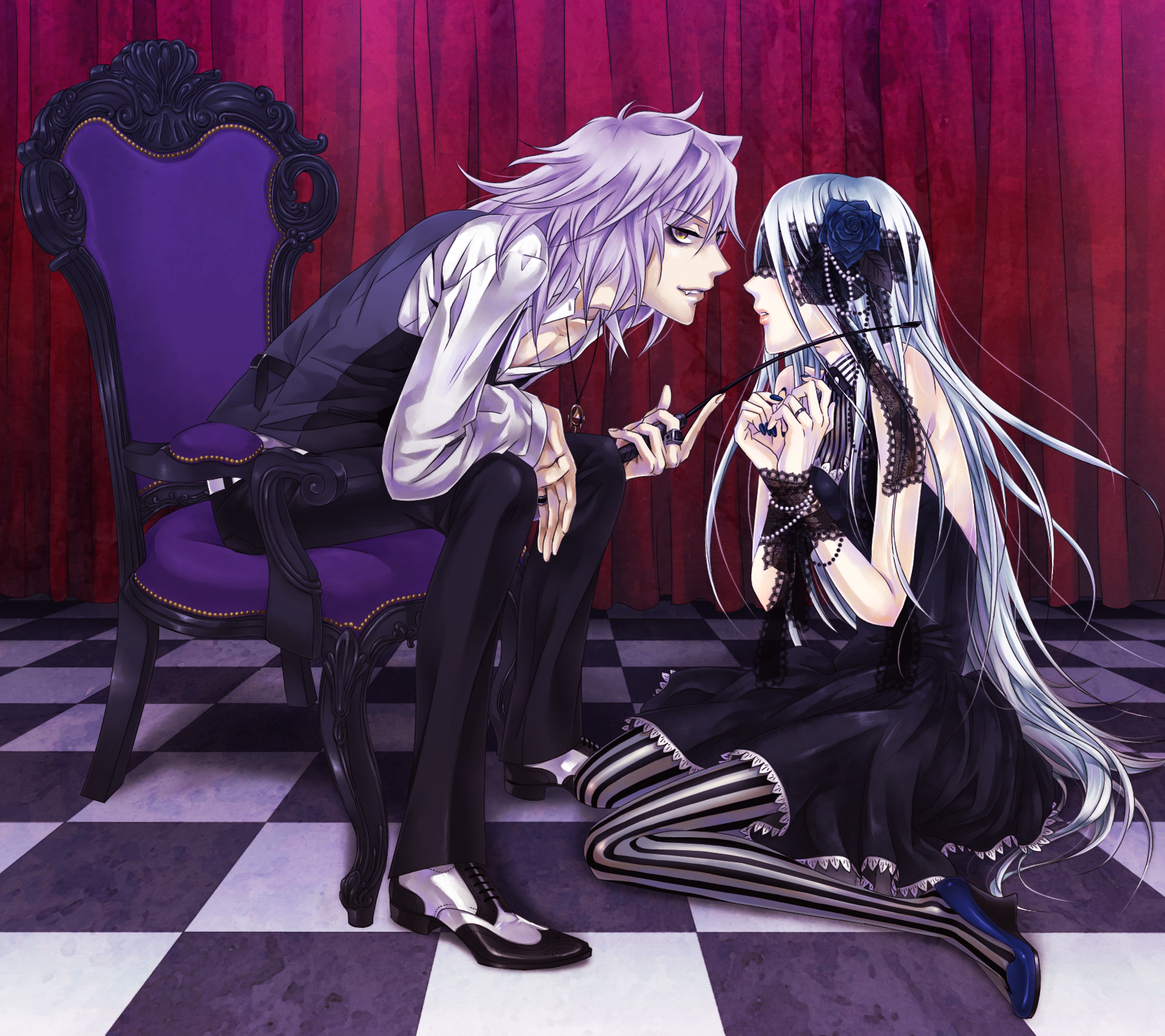 asai yuichi, kisara (yu-gi-oh!), yami bakura, yu-gi-oh!, yu-gi-oh! duel monsters, blue footwear, striped legwear, highres, 1boy, 1girl, armchair, blindfold, blue nails, bound, chair, dress, jewelry, long hair, nail polish, pantyhose, patterned legwear, riding crop, ring, saddle shoes, shoes, sitting, striped clothes, striped pantyhose, tied up (nonsexual), vertical-striped clothes, vertical-striped pantyhose, white hair, yellow eyes