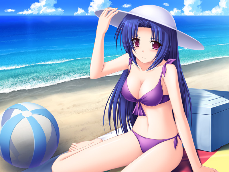 kageira, miura azusa, idolmaster, idolmaster (classic), 00s, 1girl, ball, barefoot, beach, beachball, bikini, breasts, cleavage, cloud, day, female focus, front-tie top, hat, medium breasts, navel, outdoors, purple bikini, side-tie bikini bottom, sitting, sky, solo, sun hat, swimsuit, wariza