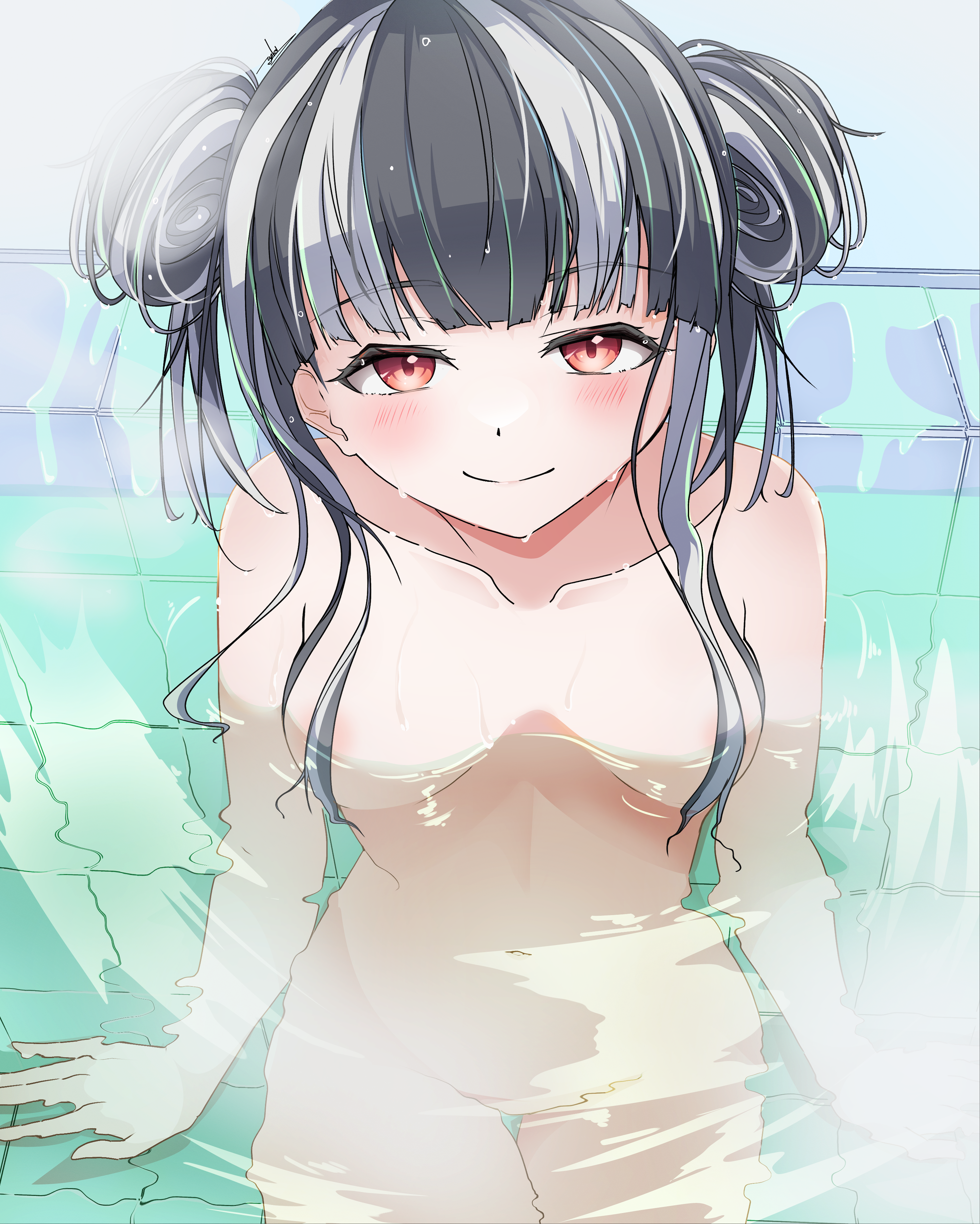 ryo yanakasa, nyubara reona, bang dream!, absurdres, commentary, highres, 1girl, bathing, black hair, breasts, cape, closed mouth, convenient censoring, double bun, hair bun, hair over breasts, looking at viewer, medium breasts, naked cape, red eyes, solo, wet, white hair