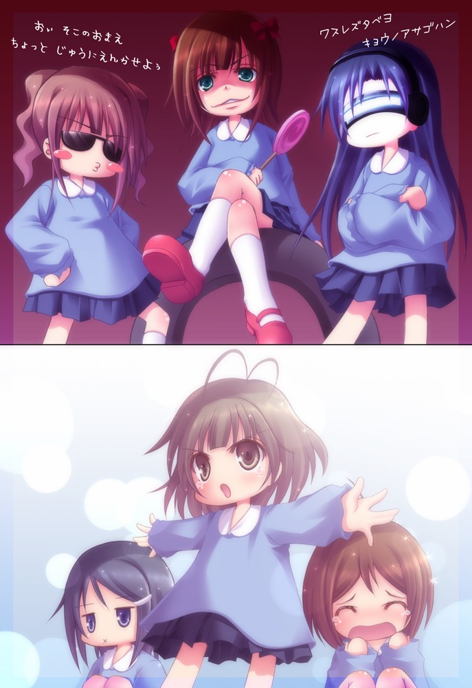 kago no tori, akizuki ryo, amami haruka, hidaka ai, kisaragi chihaya, mecha chihaya, mizutani eri, takatsuki yayoi, idolmaster, idolmaster (classic), idolmaster dearly stars, bad id, bad pixiv id, translation request, 00s, 1boy, 5girls, aged down, antenna hair, blush, blush stickers, candy, child, crossed arms, delinquent, food, gangster, head-mounted display, kindergarten, kindergarten uniform, kneehighs, lollipop, lyrics, mary janes, multiple girls, o3o, shoes, socks, sunglasses, swirl lollipop, tears, trap, x mouth