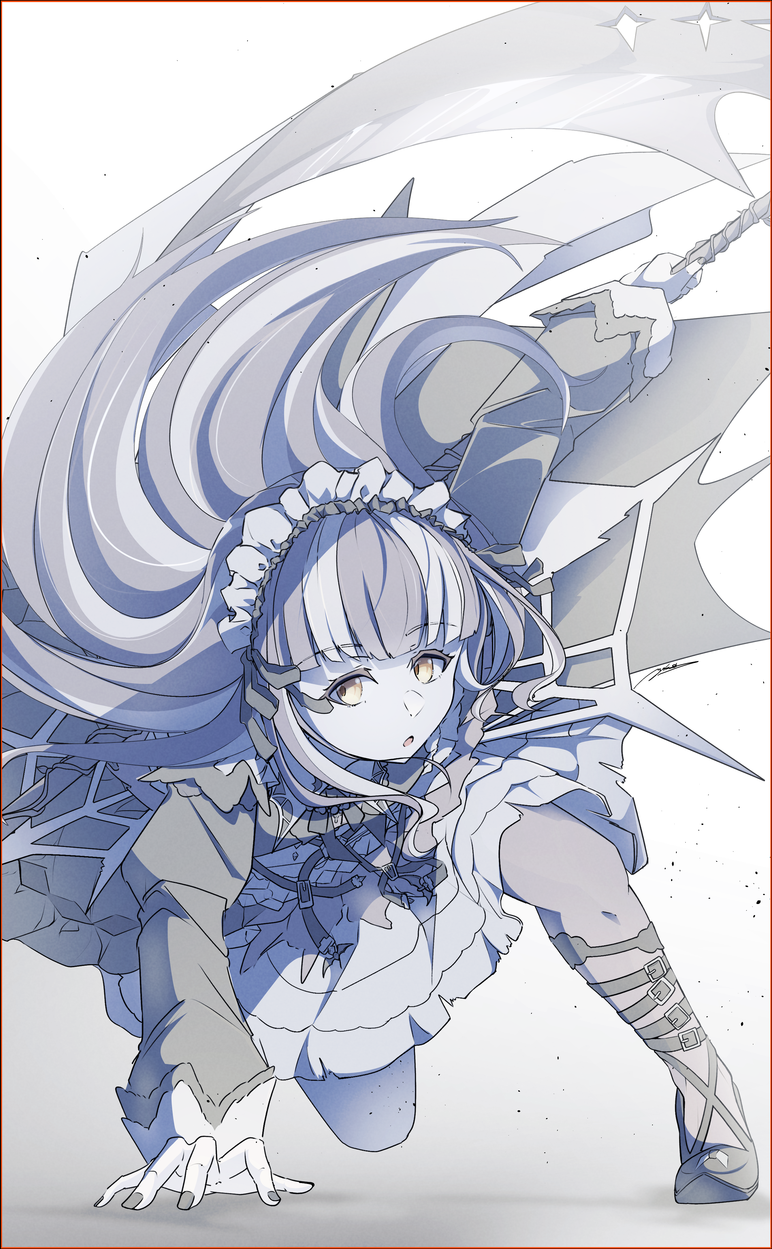 ryo yanakasa, nyubara reona, bang dream!, absurdres, commentary, highres, 1girl, arms up, floating hair, grey hair, grey pantyhose, holding, holding weapon, kneeling, long hair, long sleeves, nail polish, open mouth, pantyhose, solo, weapon, white hair, yellow eyes