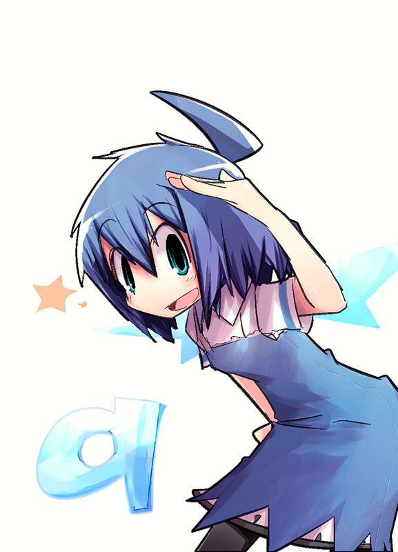kamonari ahiru, cirno, touhou, ahoge, blue eyes, blue hair, salute, solo, wings