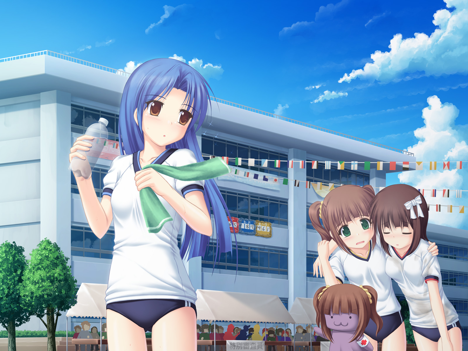 kageira, amami haruka, kisaragi chihaya, takatsuki yayoi, idolmaster, idolmaster (classic), highres, 00s, 4girls, arm around shoulder, bottle, buruma, closed eyes, flag, flags of all nations, gym uniform, multiple girls, school, string of flags, towel, water bottle
