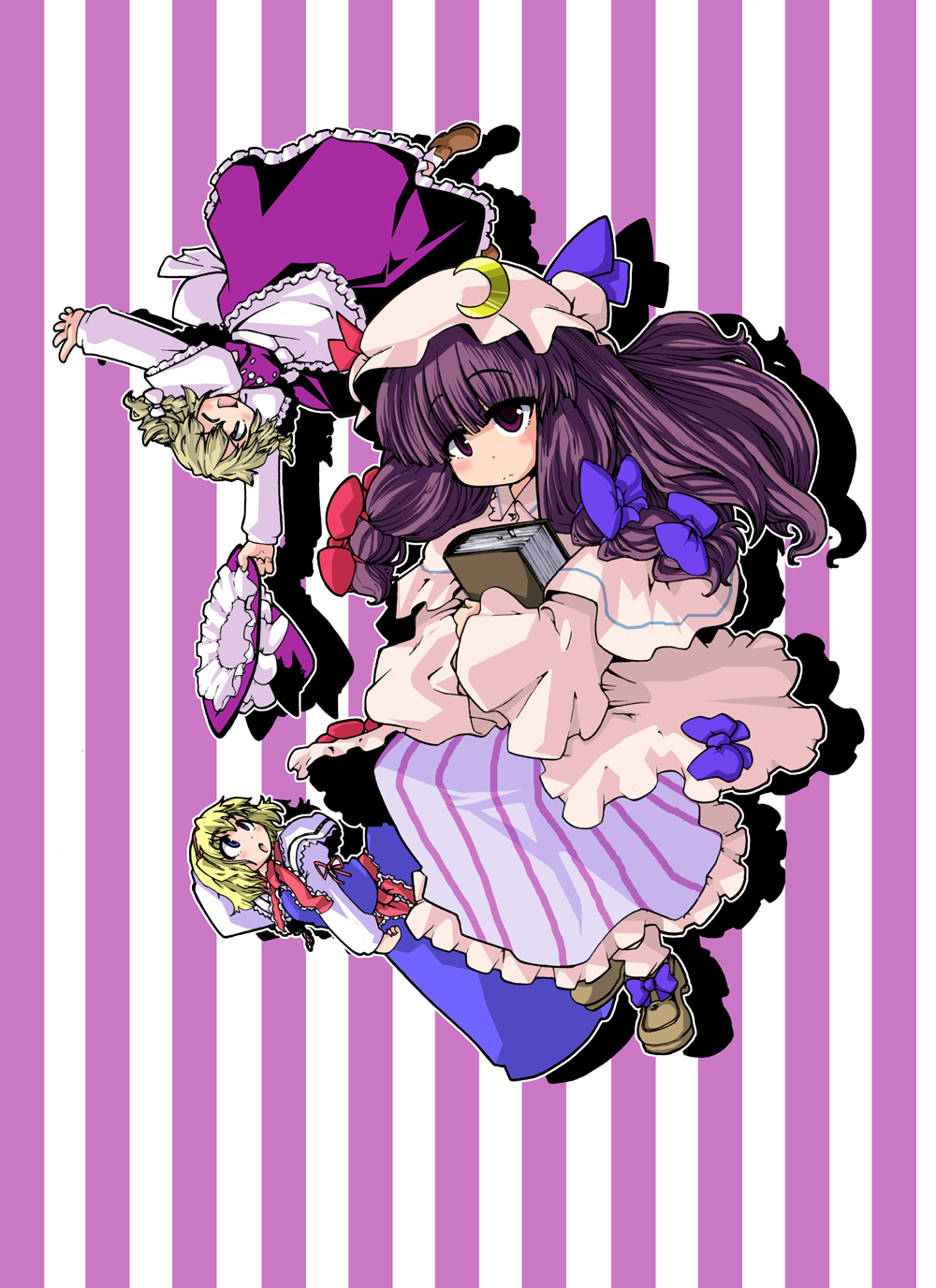 eruichi (redphantom), red phantom, alice margatroid, kirisame marisa, patchouli knowledge, touhou, highres, 3girls, blonde hair, blue eyes, book, braid, female focus, hairband, hat, long hair, multiple girls, purple eyes, purple hair, short hair, striped background, witch, witch hat, yellow eyes