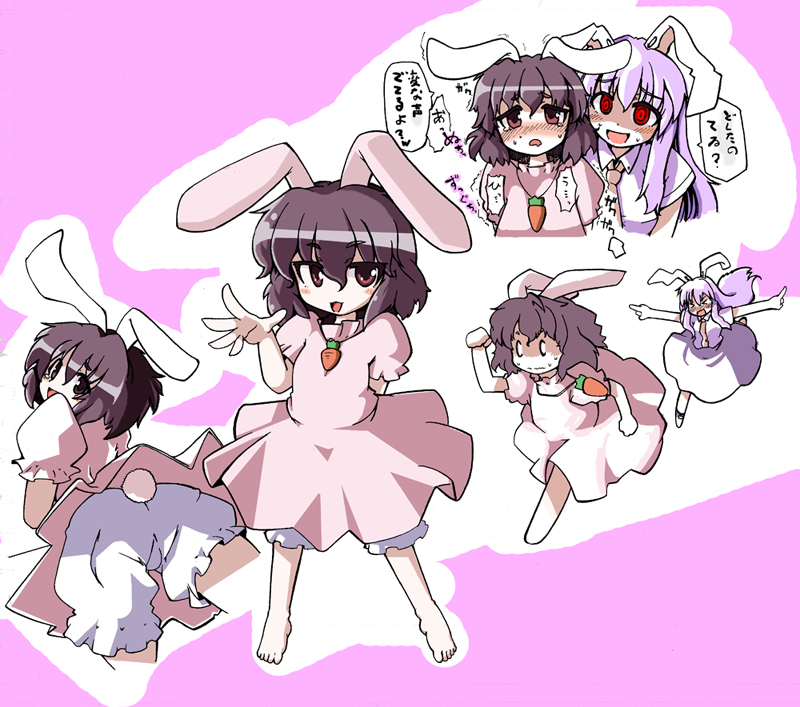 eruichi (redphantom), red phantom, inaba tewi, reisen udongein inaba, touhou, translated, 2girls, animal ears, barefoot, bloomers, blush, brown eyes, brown hair, chibi, female focus, long hair, multiple girls, necktie, purple hair, rabbit ears, rabbit girl, rabbit tail, red eyes, running, short hair, tail, underwear, yuri