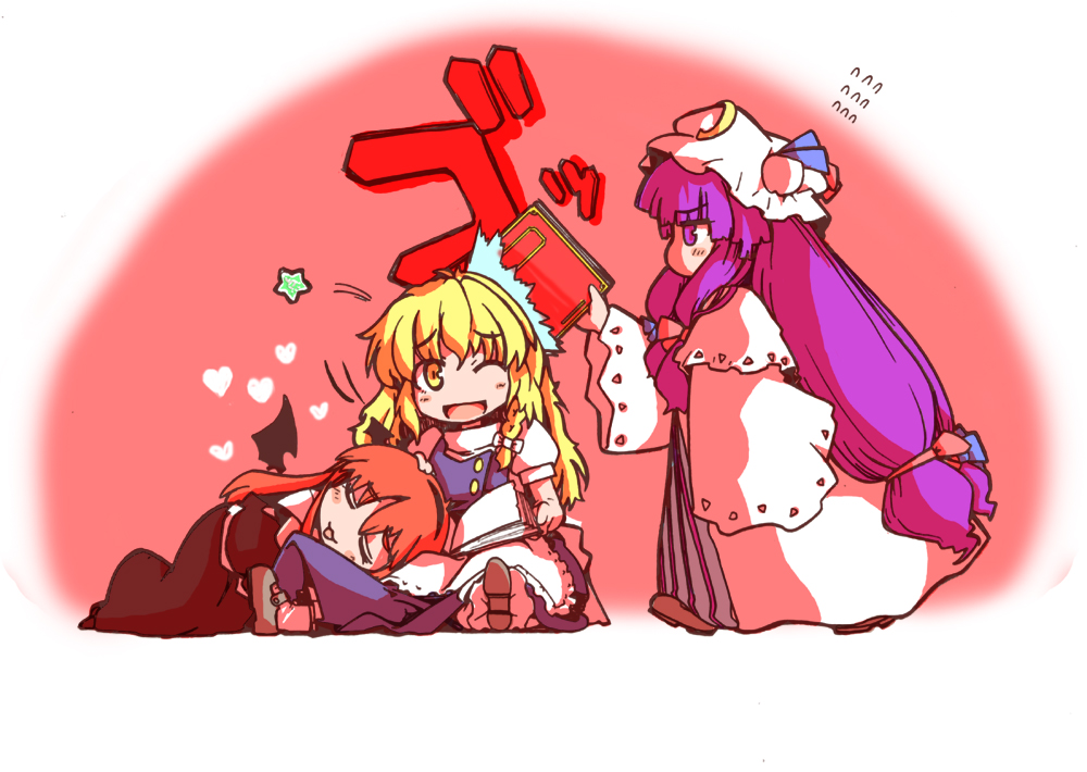 eruichi (redphantom), red phantom, kirisame marisa, koakuma, patchouli knowledge, embodiment of scarlet devil, touhou, 3girls, :3, ;d, bat wings, blonde hair, blunt bangs, book, braid, crescent, female focus, flying sweatdrops, hat, head wings, headpat, heart, hime cut, long hair, multiple girls, no headwear, one eye closed, open mouth, purple eyes, purple hair, red hair, short hair, single braid, skirt, skirt set, smile, very long hair, vest, wings, yellow eyes