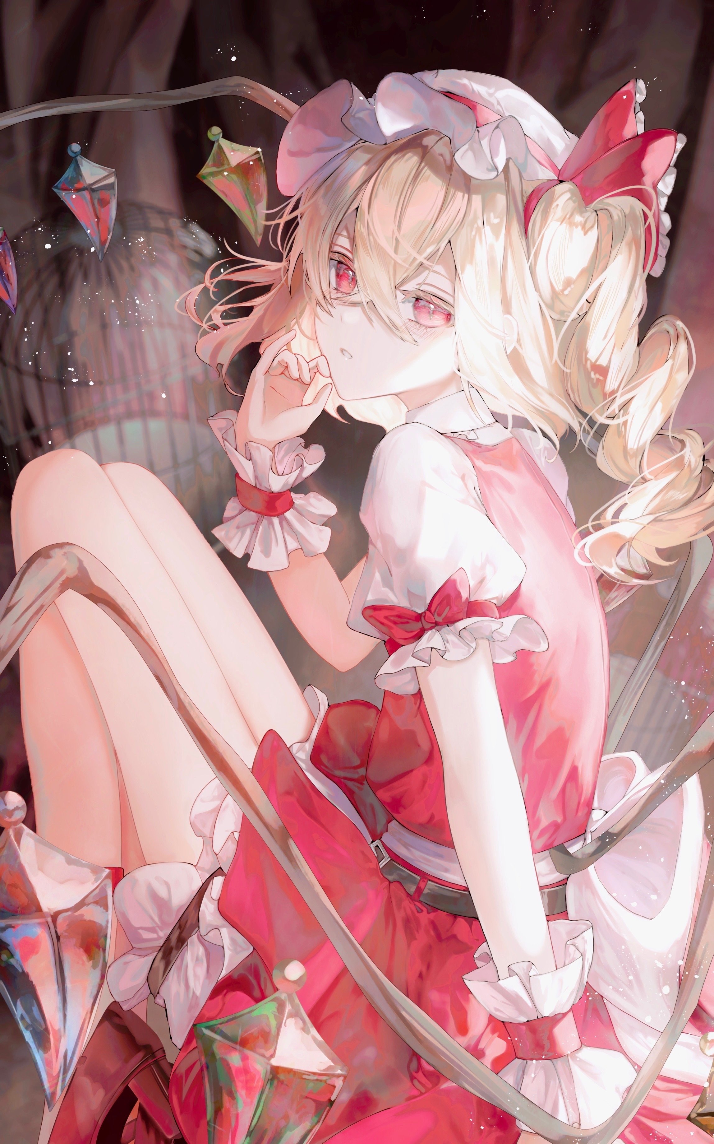 batory ken, flandre scarlet, touhou, absurdres, commentary, highres, 1girl, belt, black belt, blonde hair, brown shoes, collared shirt, crystal wings, hair between eyes, hat, looking at viewer, mob cap, multicolored wings, one side up, puffy short sleeves, puffy sleeves, red eyes, red skirt, red vest, shirt, shoes, short hair, short sleeves, skirt, skirt set, vest, white hat, white shirt, wings