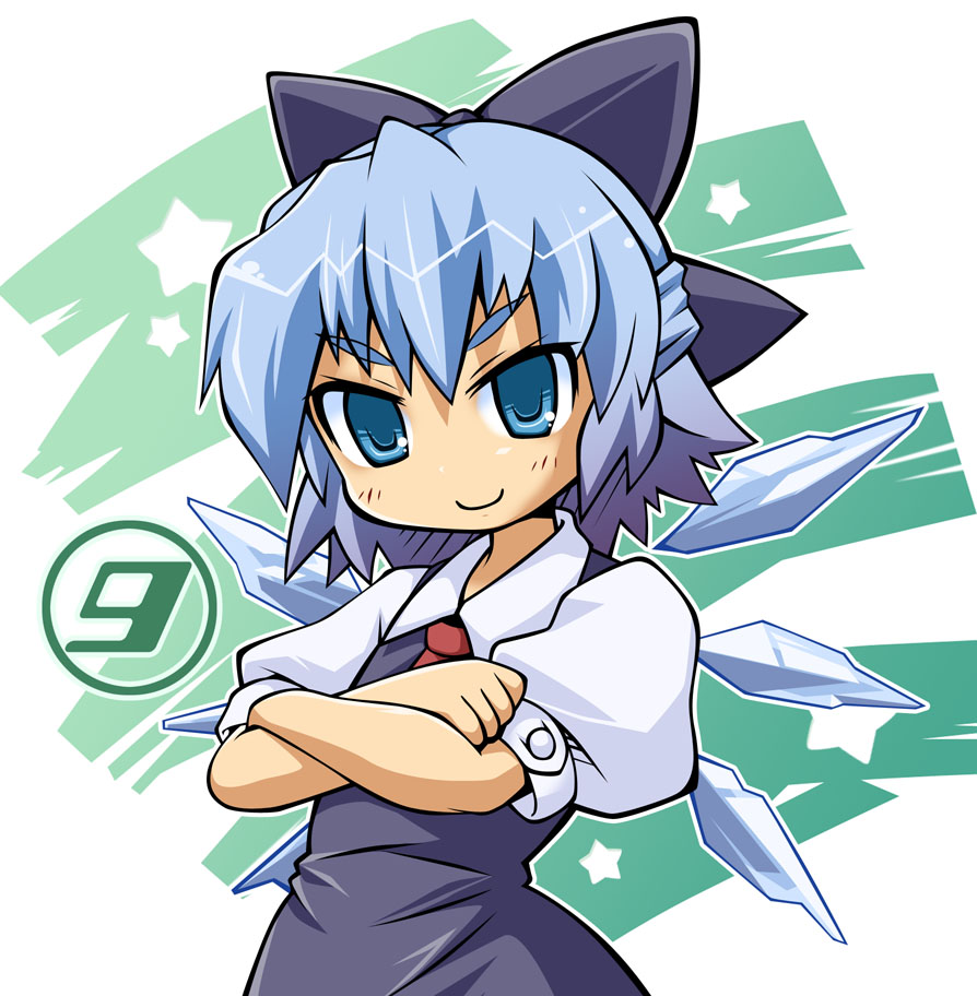 elroadmaster, cirno, phantasmagoria of flower view, touhou, >:), 1girl, blue eyes, blue hair, bow, circled 9, crossed arms, female focus, hair bow, matching hair/eyes, short hair, smile, solo, tsurime, v-shaped eyebrows, wings
