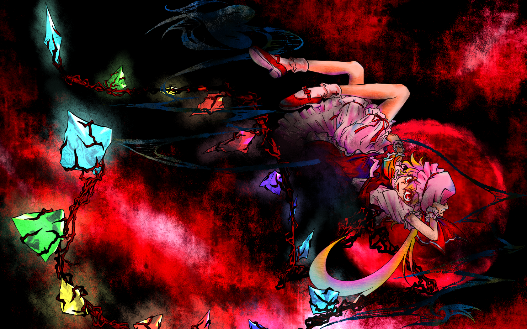 kikurage9, suzuki kikura, flandre scarlet, touhou, bad id, bad pixiv id, highres, 1girl, blonde hair, female focus, hat, mob cap, pink hat, ponytail, red eyes, red shoes, shoes, short hair, side ponytail, socks, solo, white socks, wings