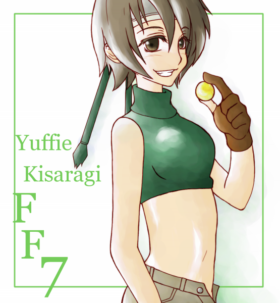 matsuda yuusuke, yuusuke (1220622), yuffie kisaragi, final fantasy, final fantasy vii, bad id, bad pixiv id, 1990s (style), 1girl, bare shoulders, brown eyes, brown hair, character name, copyright name, gloves, headband, materia, midriff, short hair, shorts, sleeveless, sleeveless turtleneck, smile, turtleneck, unzipped