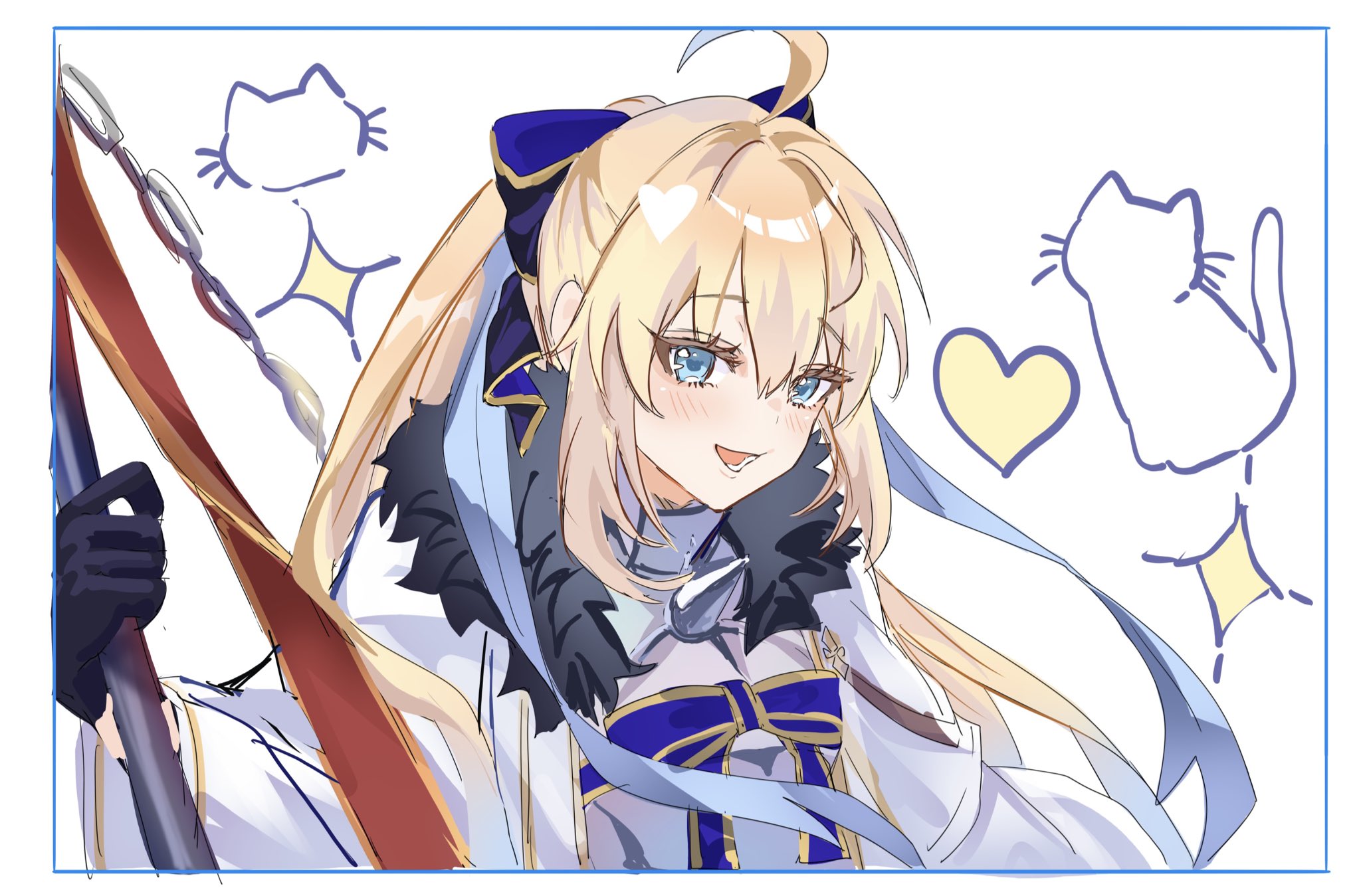 aesc (fate), aesc (savior) (fate), fate/grand order, fate (series), highres, 1girl, ahoge, black gloves, blonde hair, blue eyes, blush, bow, fur trim, gloves, hair between eyes, hair bow, kandatu, looking at viewer, open mouth, ponytail, simple background, smile, solo, spikes, white background