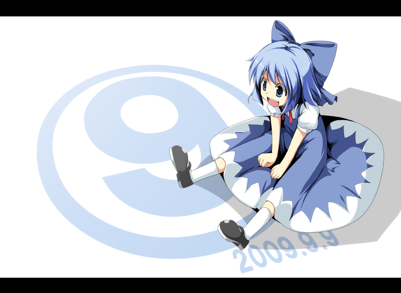fujy, cirno, embodiment of scarlet devil, touhou, md5 mismatch, resolution mismatch, source larger, 1girl, blue eyes, blue hair, bow, circled 9, female focus, letterboxed, mary janes, matching hair/eyes, ribbon, shoes, short hair, sitting, solo