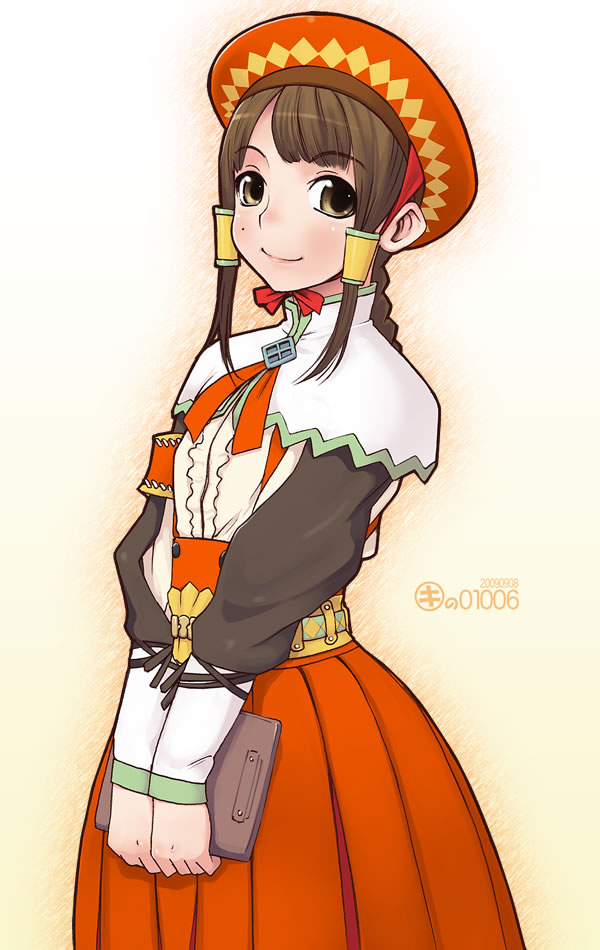kei jiei, guild sweetheart, capcom, monster hunter (series), monster hunter 3, 1girl, brown eyes, brown hair, female focus, hat, solo