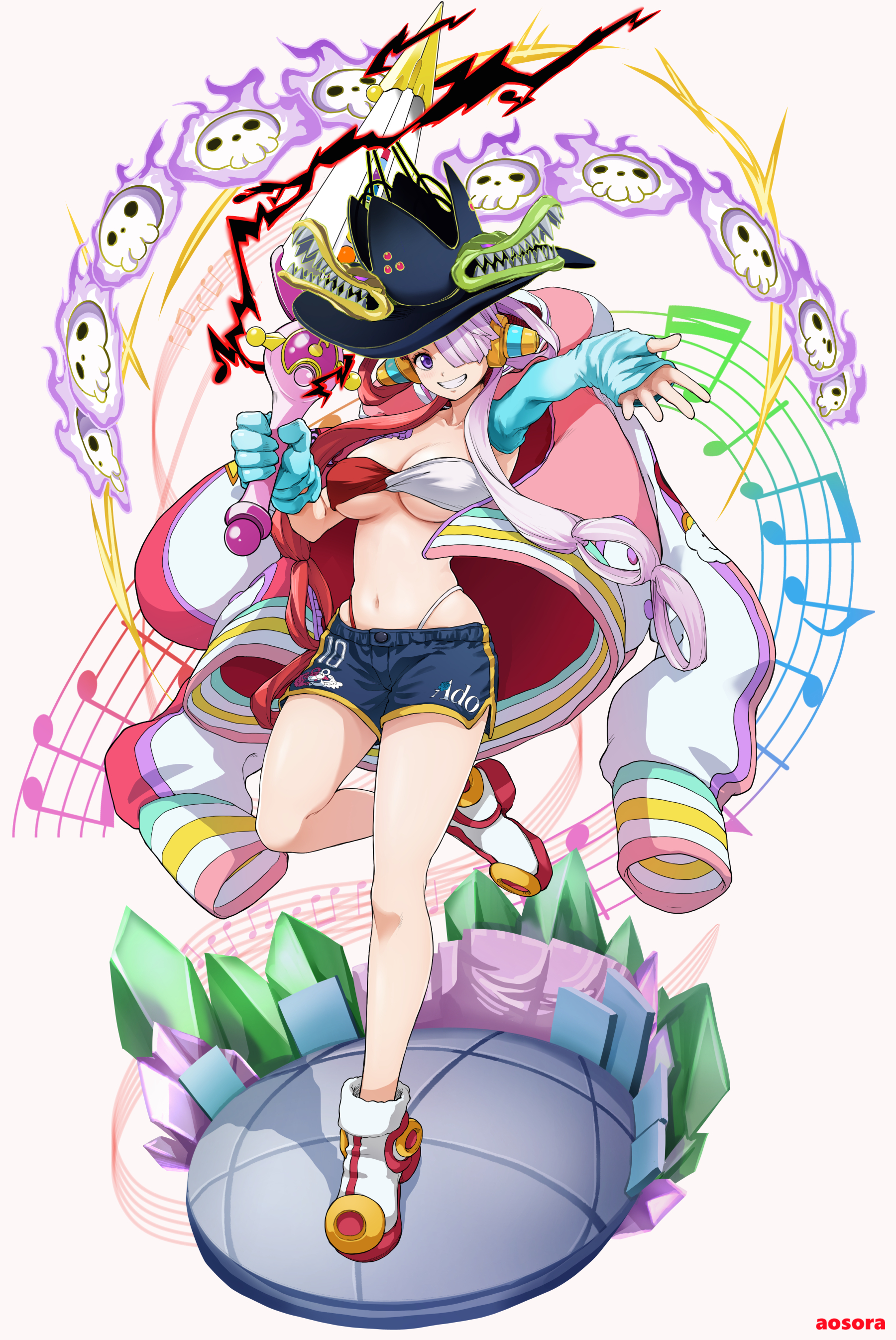 aosora2823, uta (one piece), one piece, absurdres, highres, 1girl, bandeau, breasts, cleavage, hat, headphones, holding, holding sword, holding weapon, jacket, large breasts, long hair, multicolored hair, musical note, navel, pink hair, pirate hat, purple eyes, red hair, shorts, smile, solo, standing, sword, thong, twintails, two-tone hair, weapon