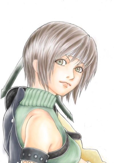 myuuze, yuffie kisaragi, final fantasy, final fantasy vii, bad id, bad pixiv id, 1990s (style), armor, bare shoulders, brown hair, green eyes, headband, looking back, retro artstyle, short hair, sleeveless, sleeveless turtleneck, solo, turtleneck