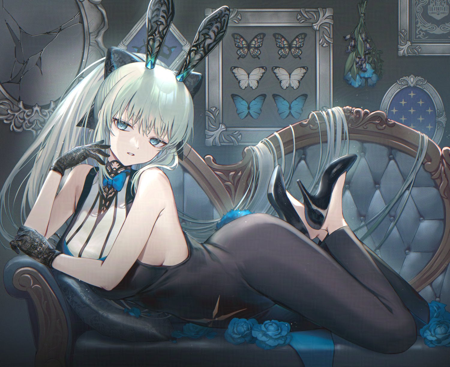 siiqa vivi, morgan le fay (fate), fate/grand order, fate (series), highres, 1girl, animal ears, black gloves, blue eyes, bug, butterfly, couch, gloves, hair between eyes, high heels, insect, long hair, looking at viewer, on couch, ponytail, rabbit ears, solo, very long hair, white hair