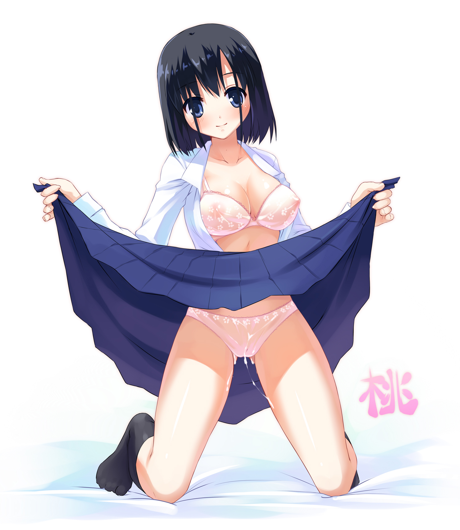 senji (artist), senji (tegone spike), touyoko momoko, saki (manga), highres, 00s, 1girl, black hair, blue eyes, bra, breasts, cleavage, clothes lift, cum, cum string, dress, female focus, kneeling, large breasts, lingerie, open clothes, open shirt, panties, shirt, short hair, skirt, skirt lift, socks, solo, underwear, upskirt