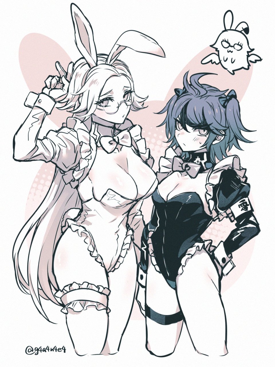 wa ga ne, aotsuki eito, sumino takumi, the hundred line -last defense academy-, commentary request, highres, 2girls, :3, animal ear hairband, animal ears, armband, bow, bowtie, breasts, chibi, chibi inset, cleavage, crossed legs, detached collar, detached sleeves, fake animal ears, frilled leotard, frilled sleeves, frilled thigh strap, frills, genderswap, genderswap (mtf), glasses, greyscale, hair bow, hairband, juliet sleeves, large breasts, last defense academy school uniform, leotard, long hair, long sleeves, looking at viewer, medium breasts, monochrome, multicolored hair, multiple girls, nontraditional playboy bunny, playboy bunny, puffy sleeves, rabbit ears, school uniform, short hair, short twintails, sleeve cuffs, small sweatdrop, strapless, strapless leotard, streaked hair, thigh strap, twintails, twitter username