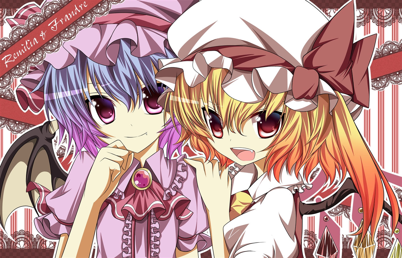 hikobae, flandre scarlet, remilia scarlet, touhou, bad id, bad pixiv id, 2girls, bat wings, blonde hair, fang, female focus, frills, gradient hair, hat, multicolored hair, multiple girls, one side up, ponytail, purple eyes, purple hair, red eyes, ribbon, short hair, siblings, side ponytail, sisters, smile, wings