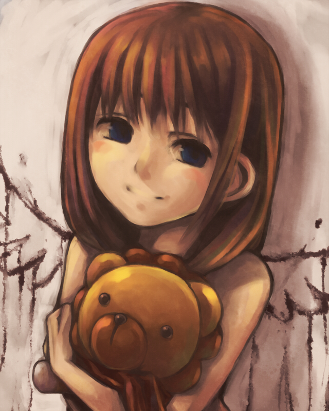 jailbird, sakutarou (umineko), ushiromiya maria, umineko no naku koro ni, 00s, blood, blue eyes, orange hair, short hair, smile, solo