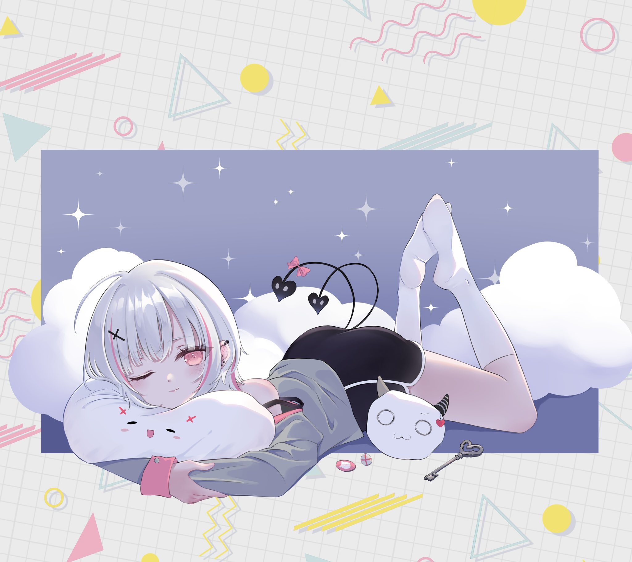 dear arisu, asumi sena, vspo!, commentary, highres, symbol-only commentary, 1girl, black shorts, closed mouth, cross hair ornament, demon tail, dolphin shorts, feet up, full body, grey shirt, hair ornament, hugging object, key, long sleeves, looking at viewer, lying, multicolored hair, multiple tails, no shoes, on stomach, parted bangs, pillow, pillow hug, pink eyes, pink streaks, shirt, short hair, shorts, single bare shoulder, smile, socks, solo, streaked hair, tail, two tails, virtual youtuber, white hair, white socks
