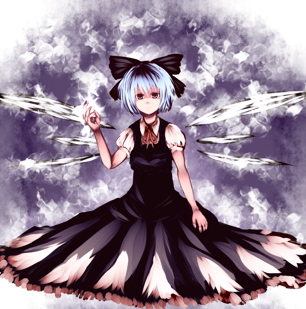 hal360, cirno, touhou, bad id, bad pixiv id, blue eyes, blue hair, bow, dress, frills, hair bow, solo, wings