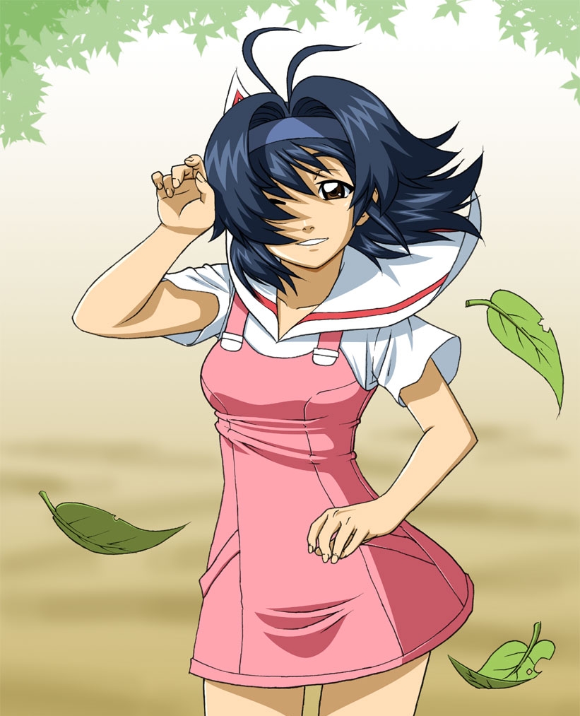 daikinbakuju, akiko (daikinbakuju), original, tagme, blue hair, breasts, brown eyes, hairband, wind